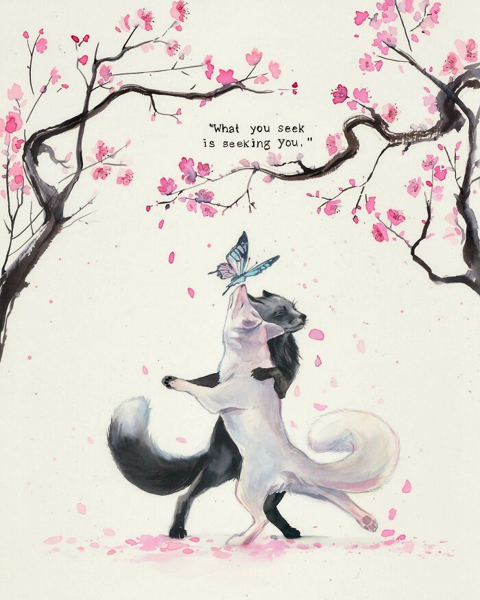 Dream-like painting of two foxes embracing under cherry blossoms with a butterfly overhead.