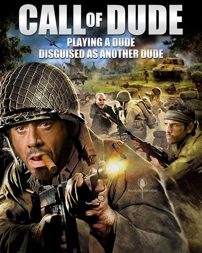 Soldiers with humorous celebrity faces in a parody meme titled "Call of Dude" holding guns, in a battle scene.