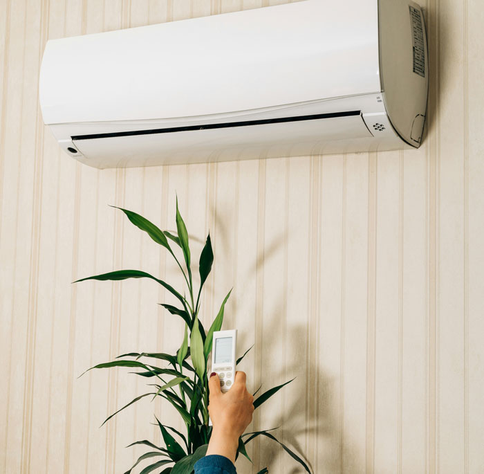 Person using remote to control a wall-mounted air conditioner above a plant, highlighting modern conveniences like garbage disposals.