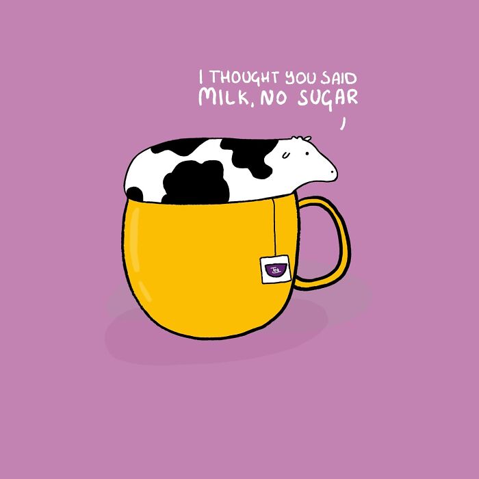 Cartoon cow in yellow mug with "I thought you said milk, no sugar" text, illustrating funny cow situation.