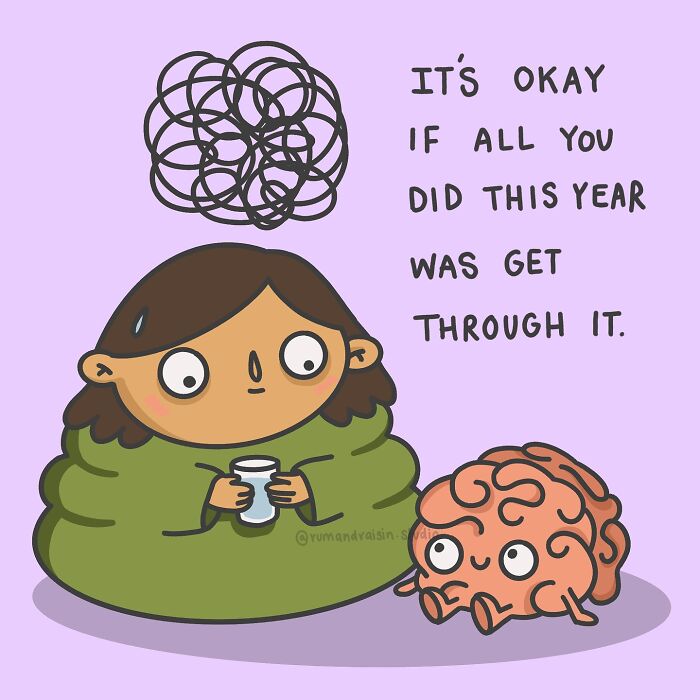 Illustration of a person with anxiety, holding a cup, and a brain character beside them, conveying a message of perseverance.