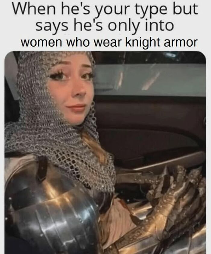 Woman in knight armor sitting in a car, humorously portraying a literal meme concept.