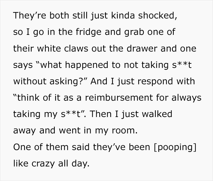 Text exchange about roommates taking food; discussing stuffed cheese bread incident with humor and retaliation. Text exchange about roommates taking food; discussing stuffed cheese bread incident with humor and retaliation.