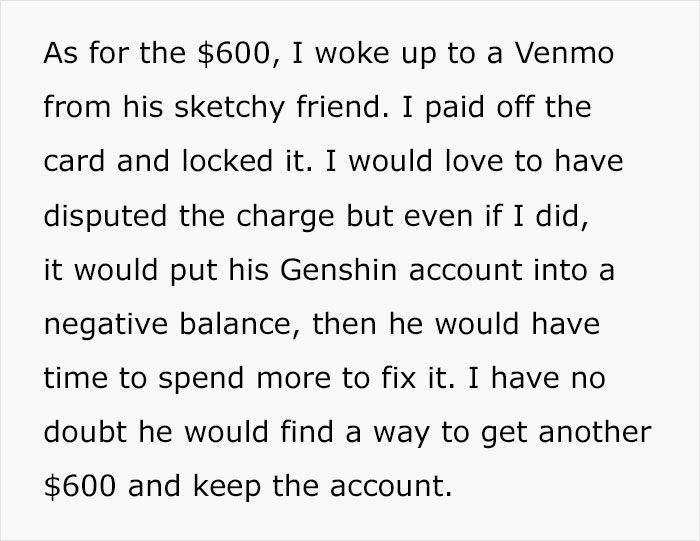 Text about losing $600 to a friend's Venmo, leading to locking the card and issues with a Genshin account balance.