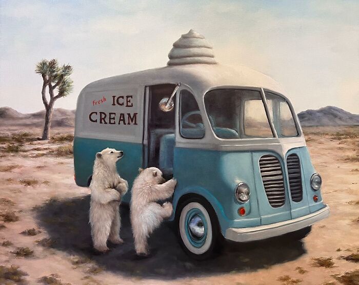 Anthropomorphic artwork featuring two polar bears at an ice cream truck in a desert setting.