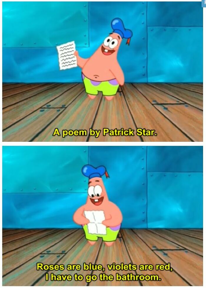 Patrick Star from old cartoons recites a humorous poem while holding a paper.