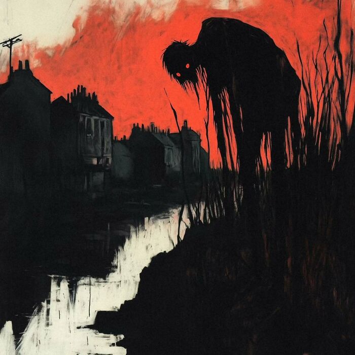 Eerie industrial decay scene with dark figure by river, red sky background.
