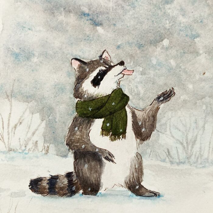 Sassy raccoon watercolor painting with green scarf, giving a playful pop culture vibe in a snowy setting.