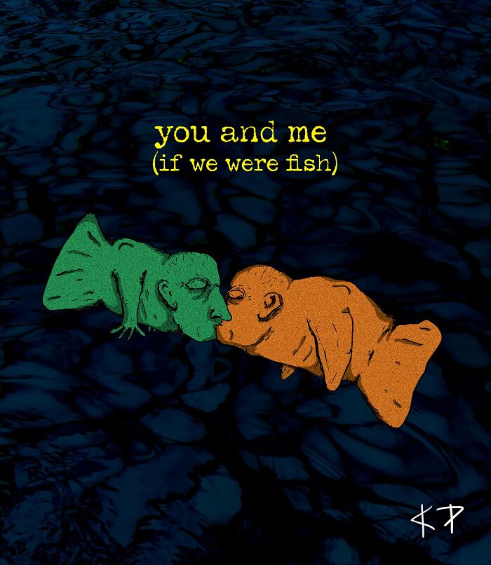 Two fish with human faces kissing underwater, labeled "you and me if we were fish," by artist Kissing Party.