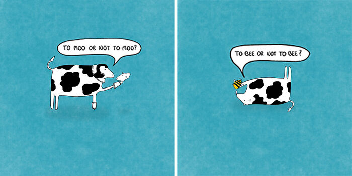 Illustration of cows in funny situations, one contemplating mooing and the other with a bee, on a blue background.