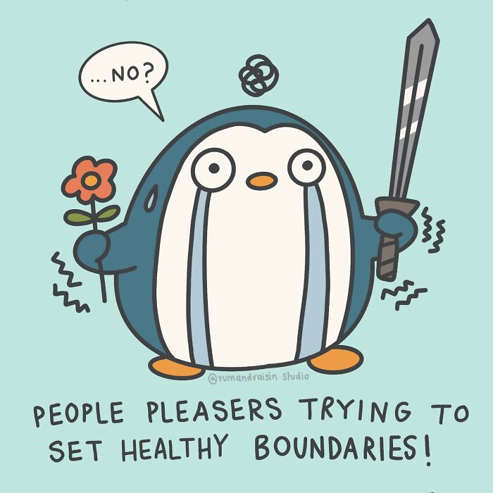 Penguin holding a flower and sword illustrates personal experiences with anxiety and boundary-setting.