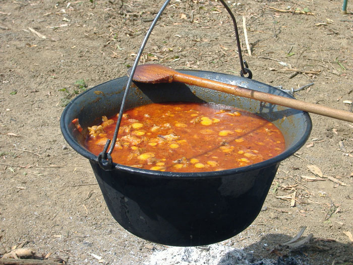 Pot of old-school delicacy stew with vegetables simmering over open fire outdoors.