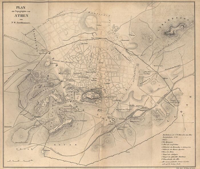 Historic map of Athens used for exploration and navigation, showing detailed terrain and city layout.
