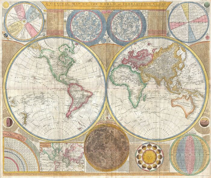 Historical map depicting the world with detailed geographical features from the past.