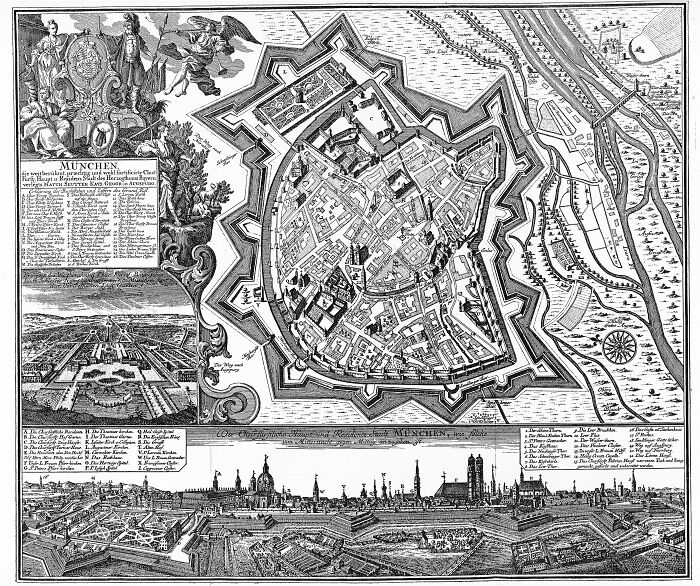 Historical map of Munich illustrating city layout and fortifications from the past, offering insights into history.