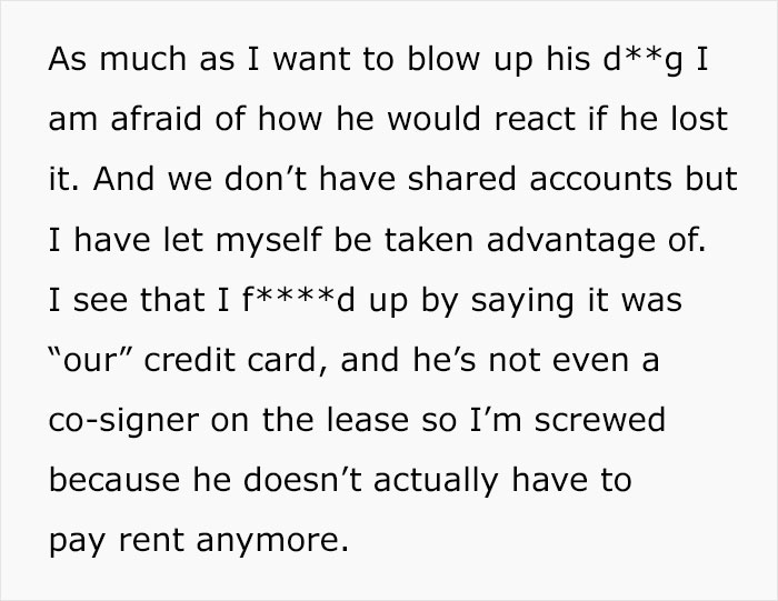 Text discussing a man and his mom gaslighting a woman about financial control and shared credit card issues.