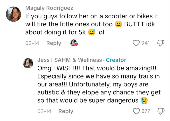 Comments on a mother following her daughter during 5k runs, sparking a discussion.