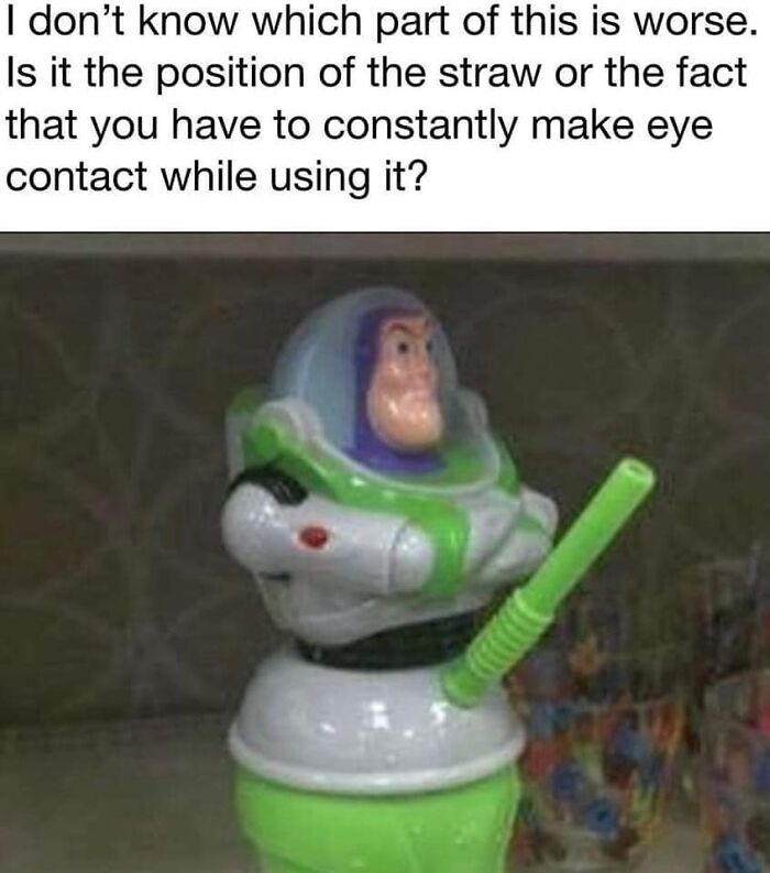 Buzz Lightyear cup with awkward straw placement, evoking nostalgia for old cartoons.