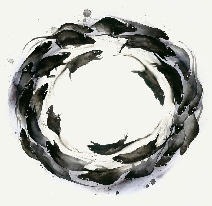 Dream-like painting featuring black rats arranged in a circular pattern, creating a surreal and hypnotic design.