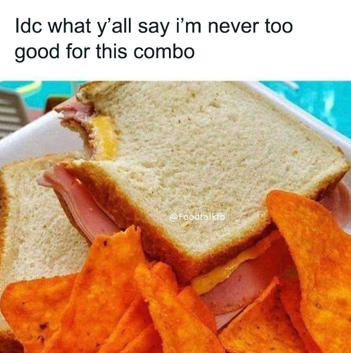 Sandwich with chips, a classic combo, featured in a popular food-related meme from Facebook's 'Food Talk' page.