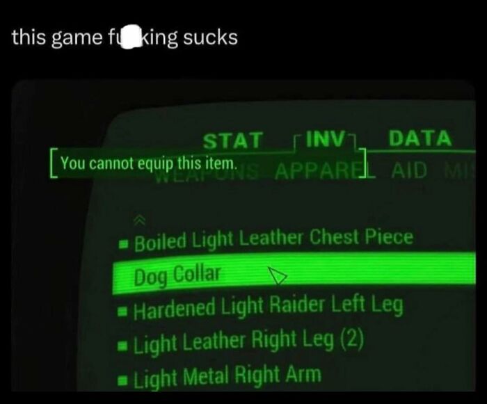 Game interface humor showing "You cannot equip this item" for a dog collar in inventory.