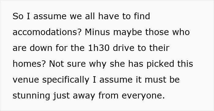 Text discussing the inconvenience of finding accommodations for a distant wedding venue. Text discussing the inconvenience of finding accommodations for a distant wedding venue.