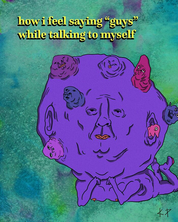 Funny illustration by Kissing Party: a purple creature with multiple faces portrays self-conversation.