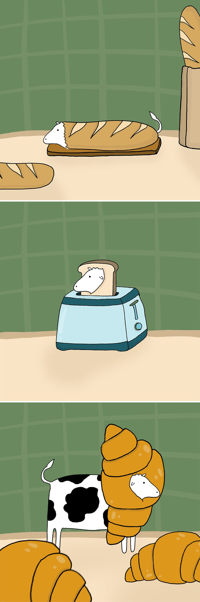 Illustration of cows humorously depicted as bread, toaster insert, and croissant-themed, fulfilling cow content needs.