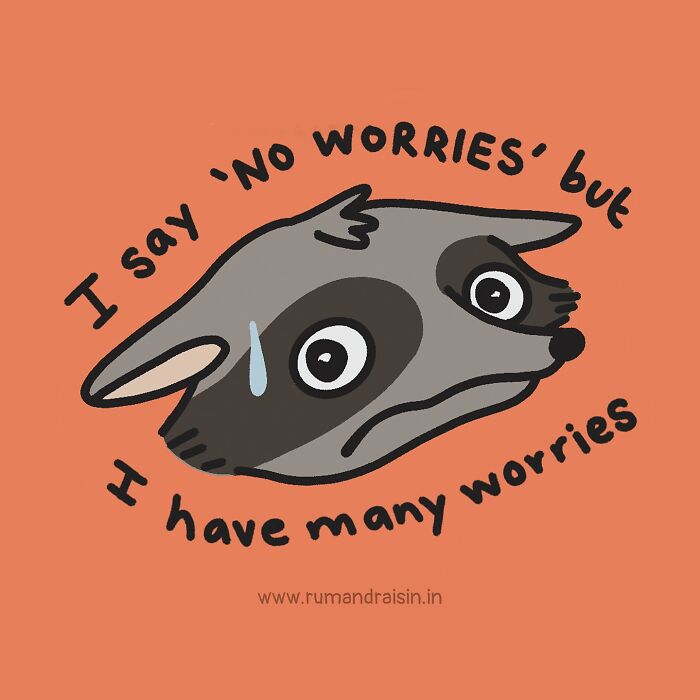 Illustration of a worried raccoon with text about anxiety, illustrating personal experiences.