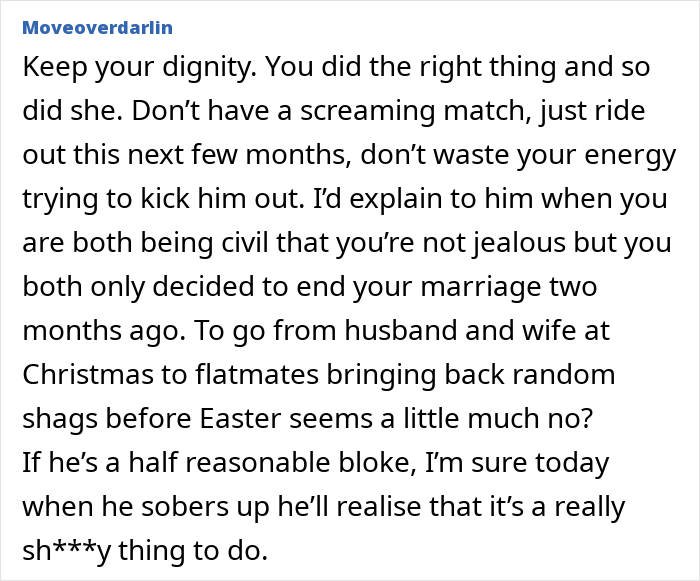 Text advice on handling separation process in shared home situation.