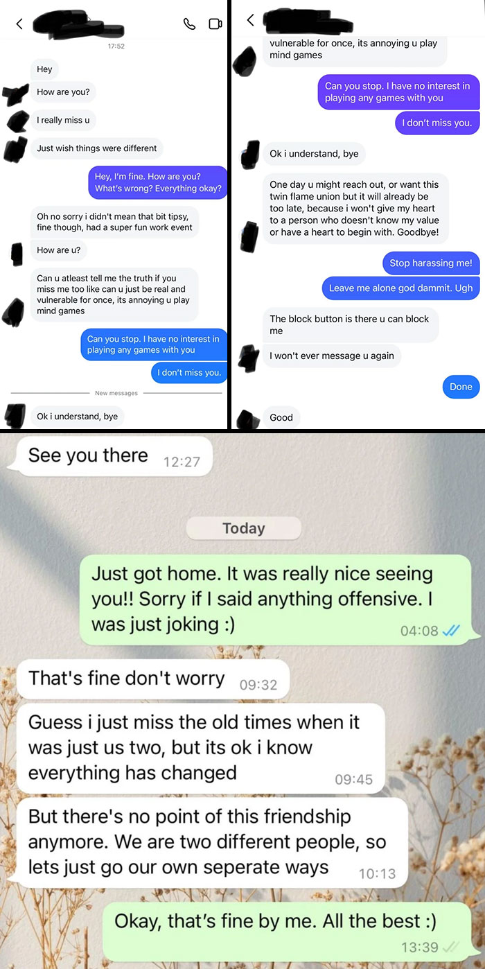 Text exchange showing someone needing a reality check about friendship and boundaries.