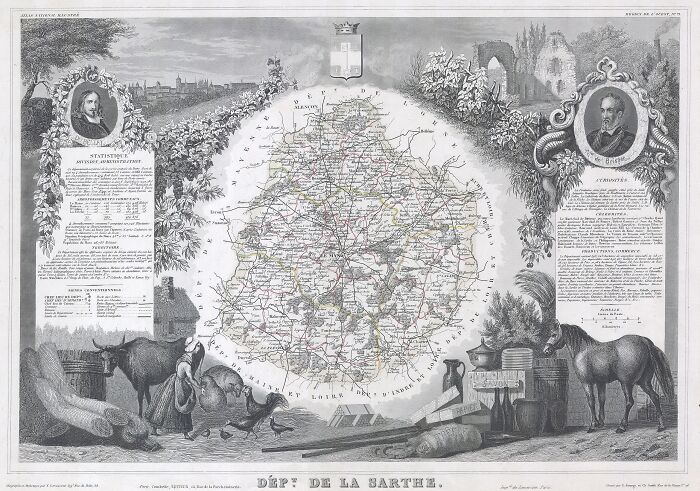 An antique map of Sarthe surrounded by vintage illustrations, showcasing exploration and navigation history.