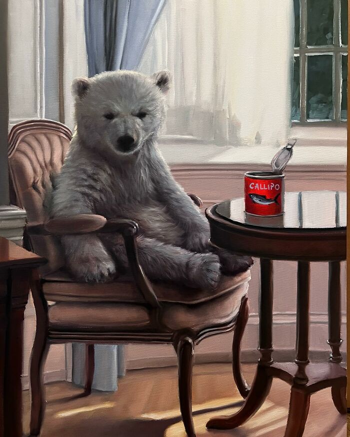 Anthropomorphic artwork of a polar bear sitting in a chair next to a table with a can, by Richard Ahnert.