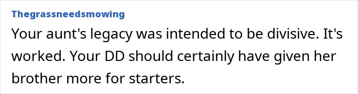 Comment about a woman's massive fortune leaving a divisive legacy, affecting family dynamics.