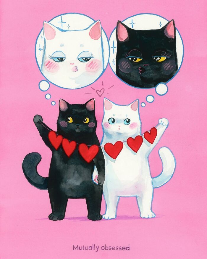 Playful painting of black and white cats with hearts, dreaming of each other on a pink background.