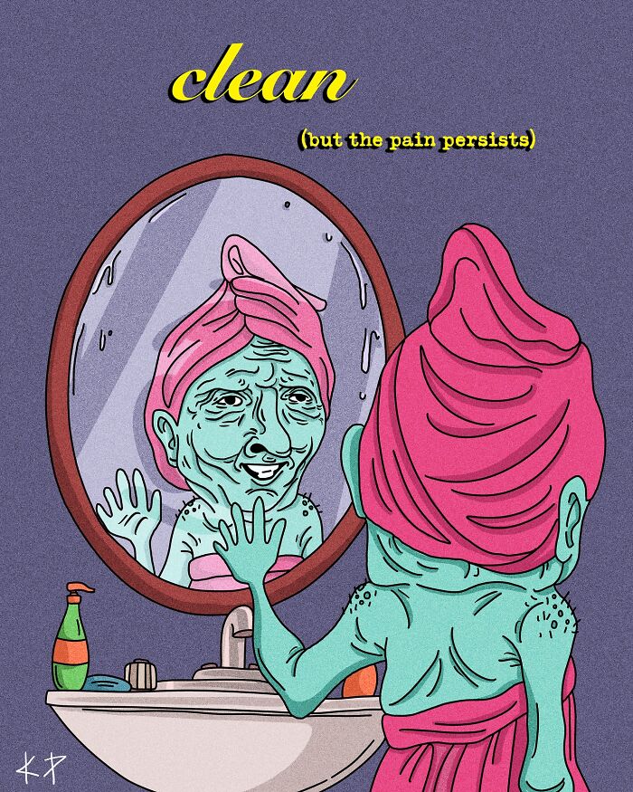 Illustration of a person with a towel looking in a mirror, reflecting discomfort despite appearing clean.