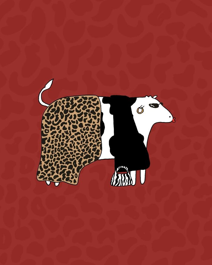 Illustrated cow humorously dressed in leopard and zebra print against a red background.