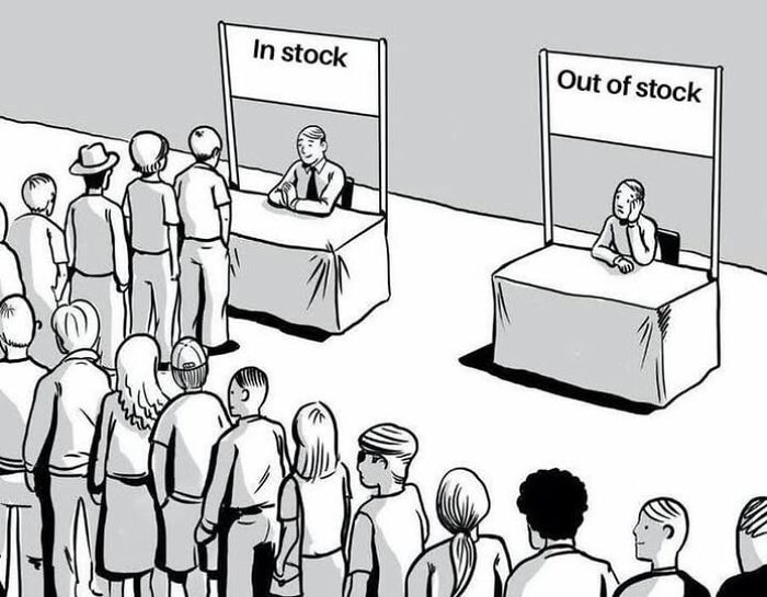 A line forms at the "In stock" booth, while the "Out of stock" booth remains empty, in a literal meme illustration.