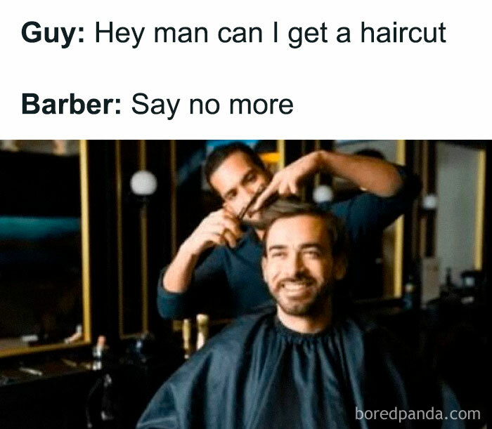 Barber giving a haircut with a humorous conversation overhead, highlighting literal memes.