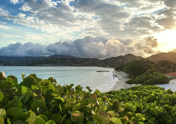 Stunning beach at sunset with lush greenery, inviting golden sands, and serene ocean waves under a dramatic sky.