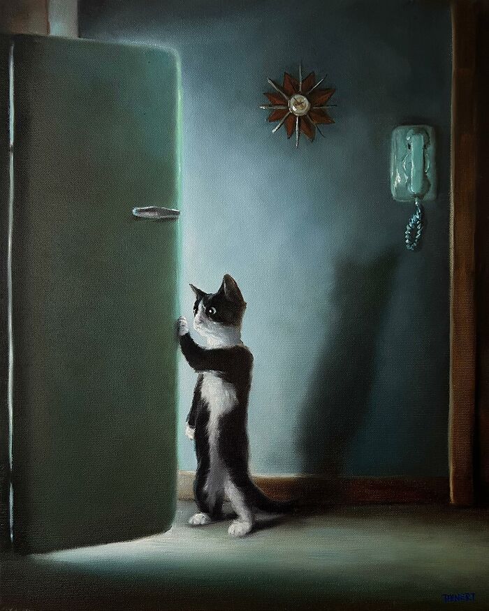 Anthropomorphic cat stands on hind legs, opening a refrigerator door in a dimly lit kitchen.