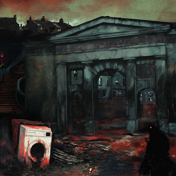 Eerie scenery painting of industrial decay with a shadowy figure, abandoned structure, and laundry machine in a dim setting.