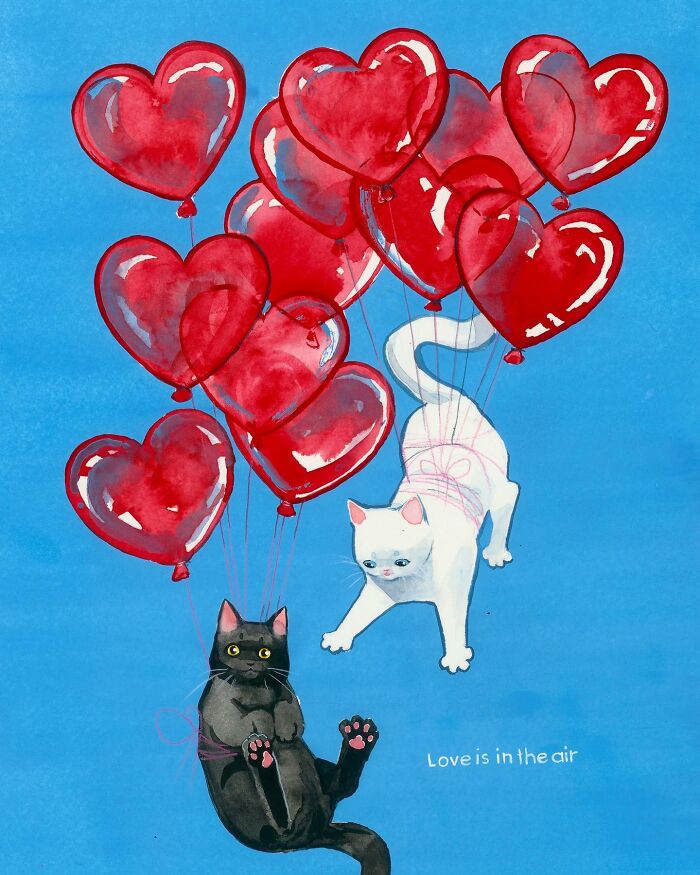 Dream-like painting of cats flying with heart-shaped balloons against a blue sky.