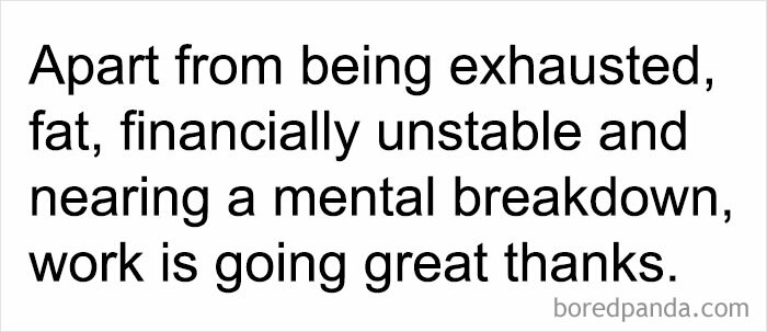 Text meme about job stresses; humorously lists exhaustion and instability yet insists work is going well.