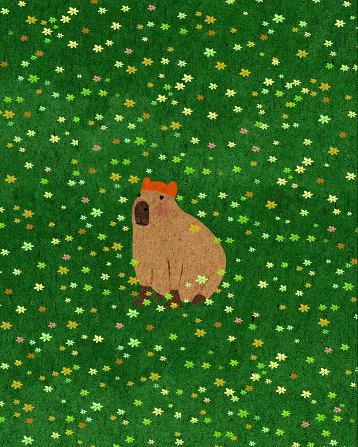 Illustration of a serene capybara amid colorful flowers by a Vietnamese artist, conveying solitude.