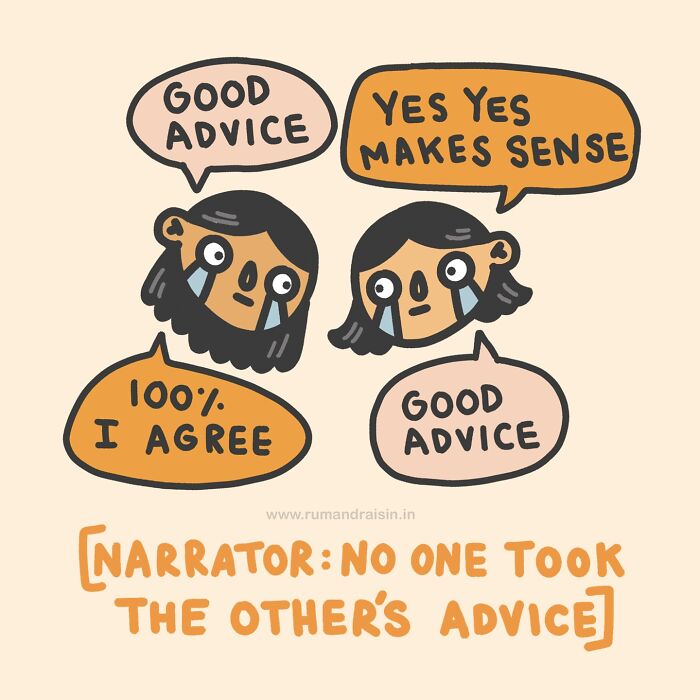 Cartoon illustration depicts personal experience with anxiety through characters giving advice but not following it.