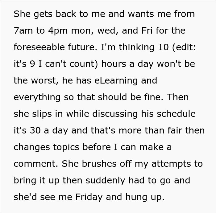 Text conversation about babysitting job details, discussing hours and pay. Woman offered $30 for nine-hour shifts, negotiates terms.