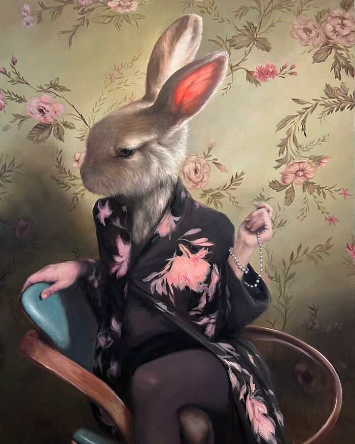 Anthropomorphic artwork by Richard Ahnert depicting a rabbit in human clothing sitting on a chair.