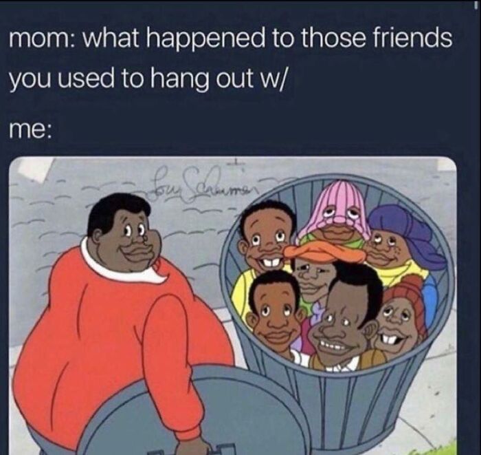 Cartoon characters in a trash can with a smiling man outside. Nostalgic cartoon meme about hanging out with old friends.