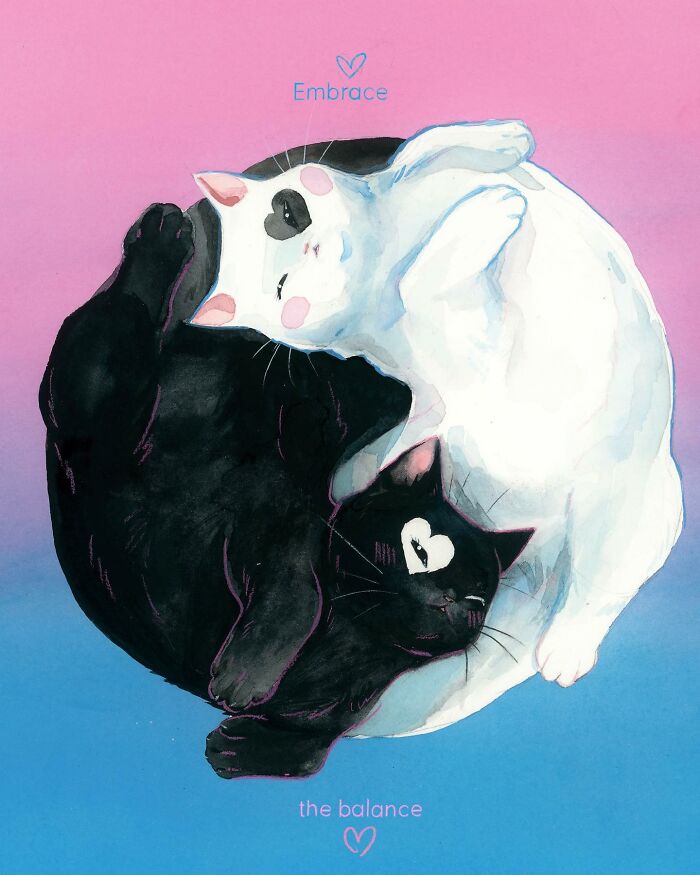 Two dream-like cats, one black and one white, entwined in a yin-yang pose with pastel background.